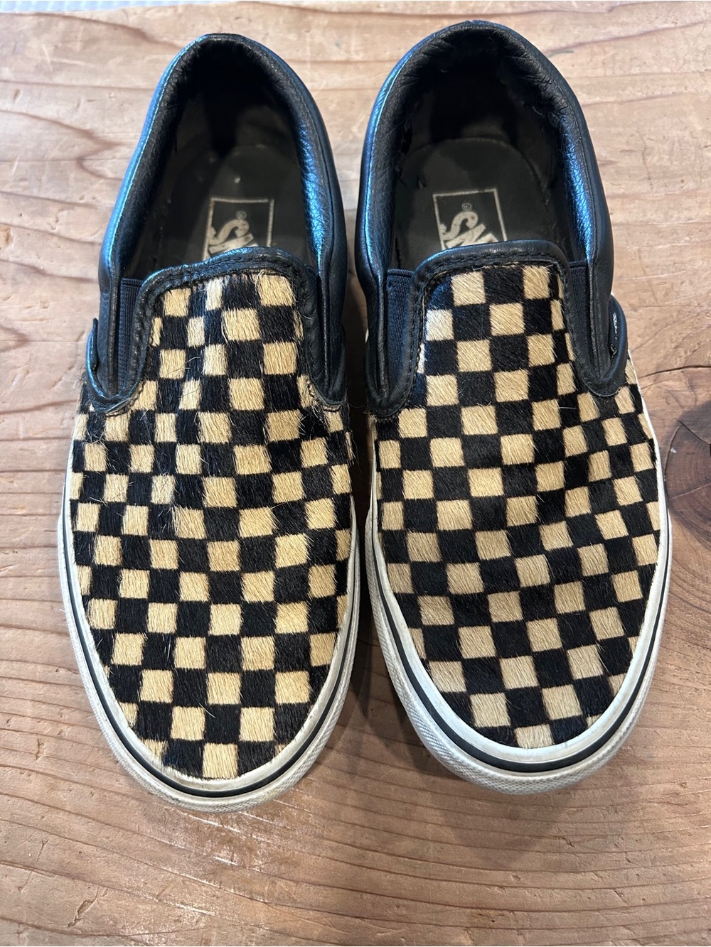 Vans Calf Hair Checkerboard Slip-On Sneakers - Black & Tan 7.5